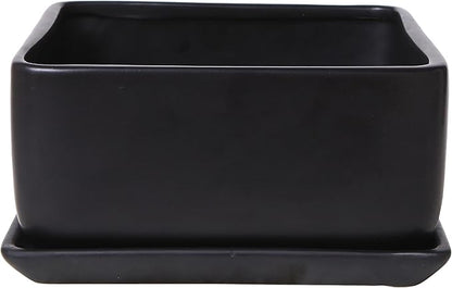 MyGift Modern Black Ceramic Square Indoor Small Planter, Flower Succulent Plant Pot with Drainage Hole and Removable Drip Tray