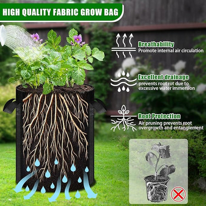 MJZ 5 Pack 10 Gallon Potato Grow Bags with Harvest Observation Windows, 380G Thickened Potato Bags for Growing Potatoes, Heavy Duty Nonwoven Fabric Garden Growing Containers to Grow Vegetable Tomatoes