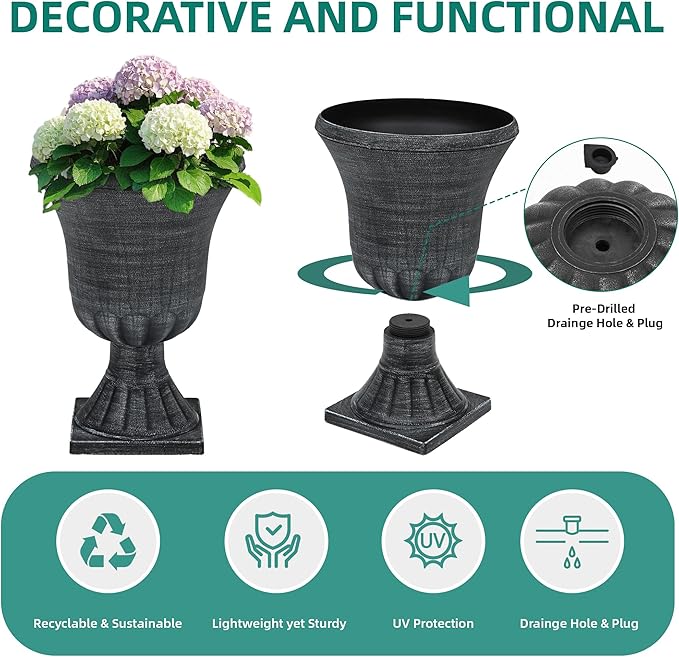 22" Large Urn Planters Set of 2, Washed Black Planters for Indoor Outdoor Plants, Versatile Outdoor Flower Pots w/Drainage Holes for Balcony, Patio, Garden, Porch & Living Room Decor