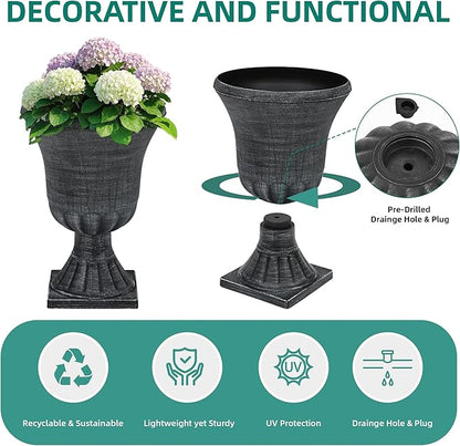 22" Large Urn Planters (Set of 2), Handmade Washed Black Plastic Flower Pots, Weatherproof for Porch, Garden, Patio or Home Décor