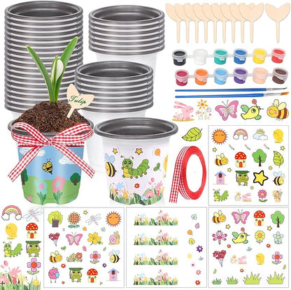 Aweyka Garden Plastic Pot Craft Kit 32 Nursery Pots with 32 Stickers 32 Plant Labels 4 Painting Tools and 1 Ribbon for Flower Plant Spring Graduation DIY Crafts Painting Gardening Growing Tools
