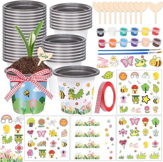 Aweyka Garden Plastic Pot Craft Kit 32 Nursery Pots with 32 Stickers 32 Plant Labels 4 Painting Tools and 1 Ribbon for Flower Plant Spring Graduation DIY Crafts Painting Gardening Growing Tools