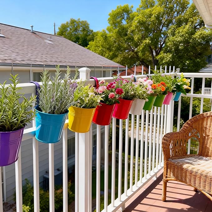 MeCids Hanging Planter Pots 4 Inches Nursery Pots Metal Indoor/Outdoor Small Flower Pots Colorful Balcony Fence Planters- 10 Piece Pack