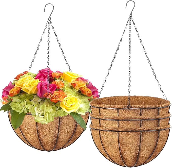 Hanging Baskets Planter for Plants - 4 Pack 12 Inch Metal Baskets with Coco Coir Liner, Hanging Flower Pots for Outside with Chain, Indoor Outdoor Garden Porch Decoration (12'' Pack of 4)