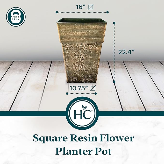 The HC Companies 22 Inch Avino Tall Square Planter - Decorative Indoor Outdoor Plant Pot for Front Porch, Deck, Patio and Home, Celtic Bronze