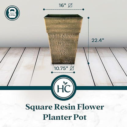 The HC Companies 22 Inch Avino Tall Square Planter - Decorative Indoor Outdoor Plant Pot for Front Porch, Deck, Patio and Home, Celtic Bronze
