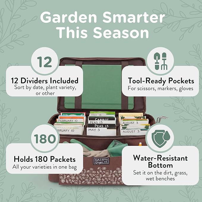SEED STORAGE ORGANIZER TOTE BAG - Flexible Canvas Seed Organizer Holds 180 Seed Packets with Shoulder Strap, Side Pockets and 12 reusable Tabs for Gardeners | Water Resistant Bottom, Notebook Straps