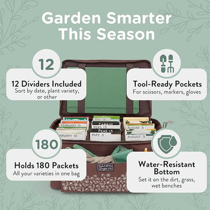 SEED STORAGE ORGANIZER TOTE BAG - Flexible Canvas Seed Organizer Holds 180 Seed Packets with Shoulder Strap, Side Pockets and 12 reusable Tabs for Gardeners | Water Resistant Bottom, Notebook Straps