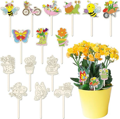 15 Pcs Wooden Spring Plant Stakes Crafts Color Your Own Spring Sticks for Plant DIY Craft Kits Unfinished Wood Cutouts Butterfly Watering Can Snail Flower Shape for Gardener Gardening Gifts