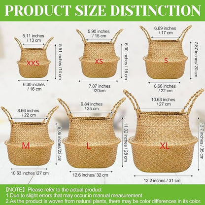 Qunclay 8 Pcs Woven Seagrass Baskets Belly Basket Folding Boho Natural Plant Pot with Handles Round Decorative Wicker Large Indoor Planter for Home Outdoor Tree Planters Decor (S,8.7''dx7.9''h)