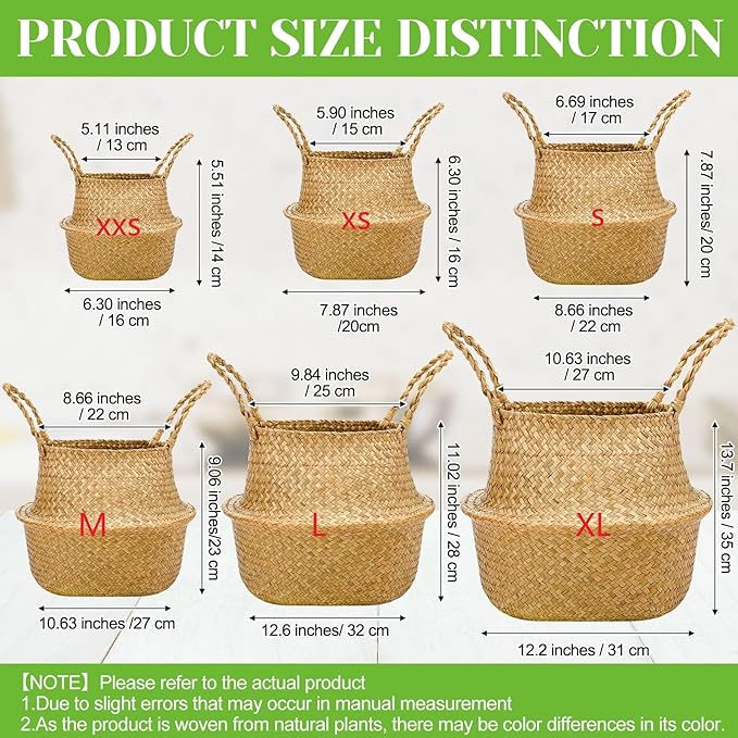Qunclay 8 Pcs Woven Seagrass Baskets Belly Basket Folding Boho Natural Plant Pot with Handles Round Decorative Wicker Large Indoor Planter for Home Outdoor Tree Planters Decor (L,13''dx11''h)