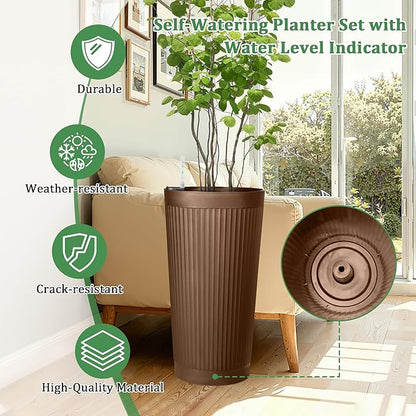 Set of 2 Tall Self-Watering Planters, 24" Large Planters with Water Level Indicator for Indoor & Outdoor Plants, Modern Planters for Garden, Patio, Balcony, Porch, Terracotta