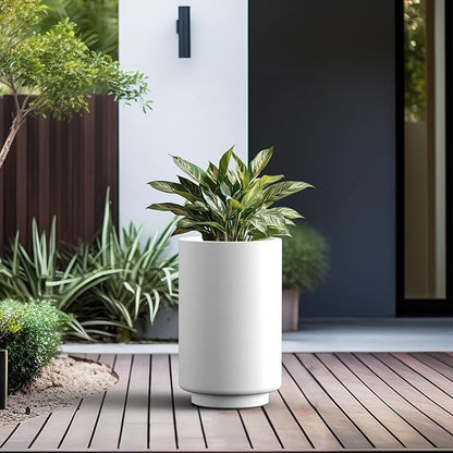 Kante 20.1 Inch Tall Concrete Planter, Round Pedestal Design Garden Pot for Indoor Outdoor Plants, Modern Garden Pot with Drainage Hole, White Finish with Painted Interior