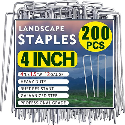 200 Pack Landscape Staples 4 Inch Garden Stakes Galvanized Garden Staples Pins Anti-Rust Ground Stakes for Weed Barrier, Irrigation Tubing, Landscaping Fabric, Yard Lawn
