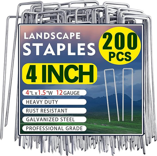 200 Pack Landscape Staples 4 Inch Garden Stakes Galvanized Garden Staples Pins Anti-Rust Ground Stakes for Weed Barrier, Irrigation Tubing, Landscaping Fabric, Yard Lawn