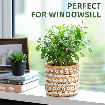 Concrete Rattan-Style Plant Basket Planter, 5" Plant Pots Indoor Outdoor with Drainage Hole, Boho Flower Pot for Succulents, Herbs, Modern Farmhouse Decor, Ideal Gift for Plant Lovers