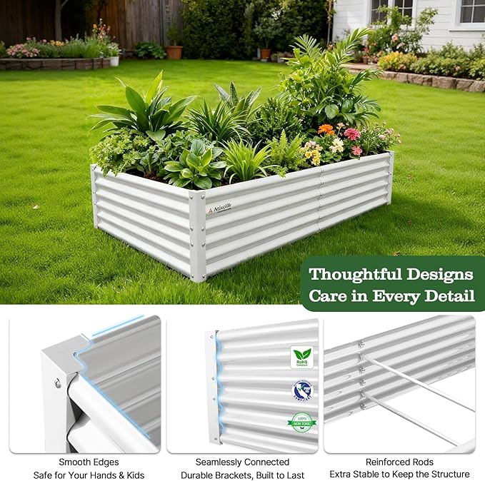 A ANLEOLIFE 12-Piece 18 Inch Tall Raised Garden Beds Kit, Rectangular & L-Shaped Combo Metal Planters – Ideal for Backyard DIY Creative Layouts, Antique White