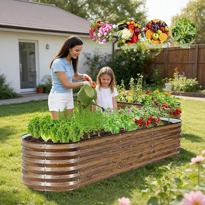 ZORMY Galvanized Raised Garden Bed Outdoor- 8x2x1.4ft Oval Steel Raised Beds for Gardening, Metal Planter Box with Protective Strip and Gloves for Vegetables, Flowers, Fruits(Brown)