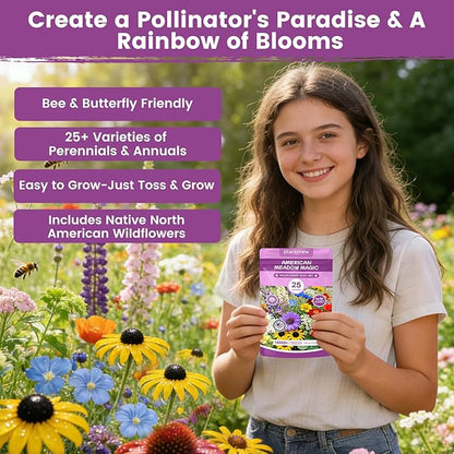 Wildflower Seeds Bulk Mix - 10,000+ Non-GMO Perennial & Annual Seeds - Texas, California & Florida Native Wildflower Seeds for Hummingbirds, Butterflies, & Cut Flowers - Cosmos, Throw and Grow