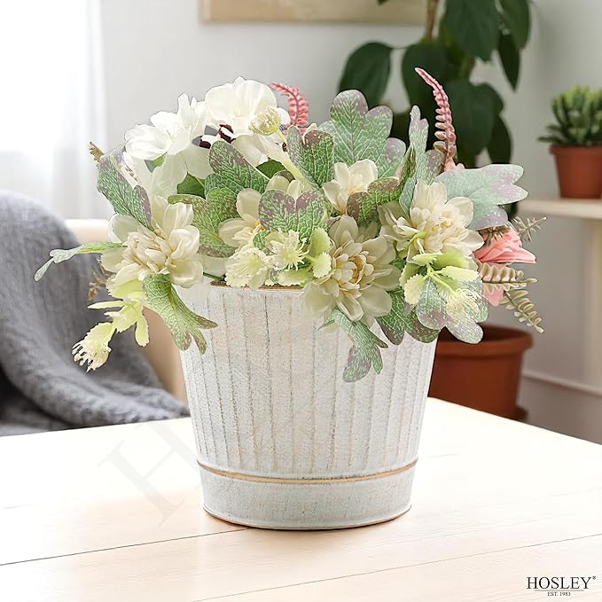 Hosley Metal Planters 7" Dia x 6" H Ideal Farmhouse Decor for Floral Arrangements Weddings, Gift Special Events Parties Outdoor Planters White wash