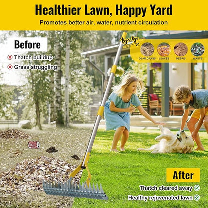 Garden Leaf Rake,Dual Function Thatching Rake for Lawn Dead Grass Leaves, Stainless Steel Heavy Duty 69” Lawn Dethatcher with Sharp 19 Tines, Fast Weeds, Leaf, Thatch, Dead Grass Removal Garden Tool