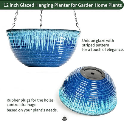 12 inch Hanging Planters for Indoor Outdoor Plants, 2 Pack Large Hanging Flower Pots with Drainage Holes and Chain, Glazed Hanging Baskets for Home Garden Decoration (Blue Flow Glaze)