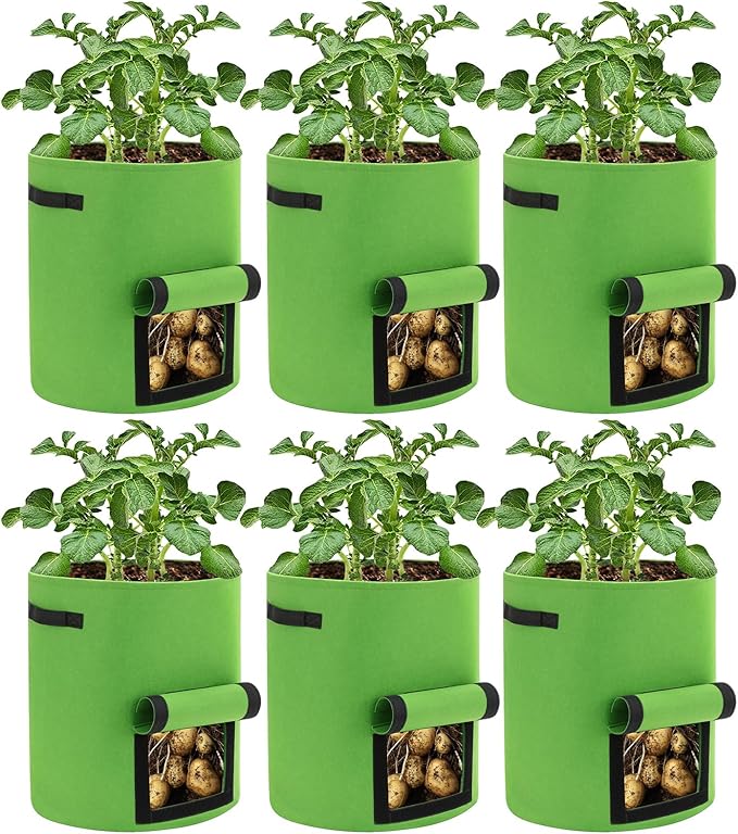 6 Pack Potato Grow Bags, 10 Gallon Planting Bags Large Fabric Pots with Flap Window Vegetable Planter Garden Pot Tall Potato Growing Containers with Handles for Vegetables, Fruits and More, Green