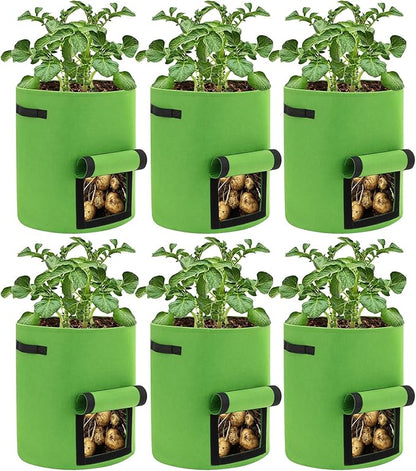 6 Pack Potato Grow Bags, 10 Gallon Planting Bags Large Fabric Pots with Flap Window Vegetable Planter Garden Pot Tall Potato Growing Containers with Handles for Vegetables, Fruits and More, Green