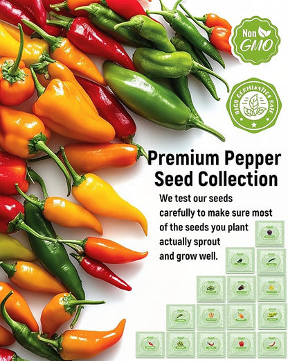 3000+ Heirloom Pepper Seeds Collection - 15 Varieties Non-GMO USA-Sourced Hot & Sweet Seeds for Planting: Cayenne, Cubanelle, Habanero, Poblano, Serrano, Big Jim & Bell for Garden