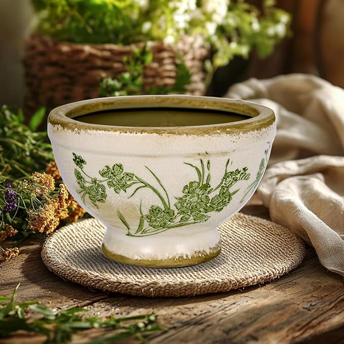 Vintage Ice Crackle Grazd Ceramic Flower Pot with Drainage Holes, 4.33 Inch Rustic Planter for Indoor Plants, Outdoor Garden, Farmhouse Gift Tuscan Decor (Green)