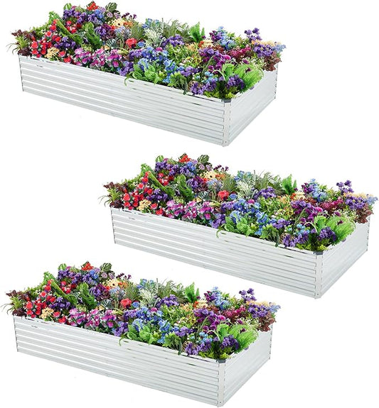3 Pack 6x3x1FT Galvanized Raised Garden Bed Kit, Outdoor Metal Planter Box for Vegetables, Bottomless Rectangular Gardening Bed with Support Rods, Tool-Free Assembly, Silver