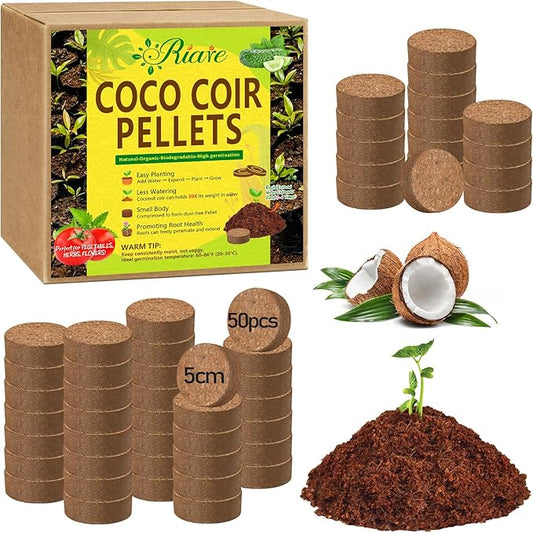 Riare 50 Pcs 50mm Organic Coco Coir Seed Starter Soil, Compressed Coconut Coir Potting Soil Mix for Seed Starting, Coconut Fiber Pellet for Planting Indoor & Outdoor Plants, Vegetables, Garden