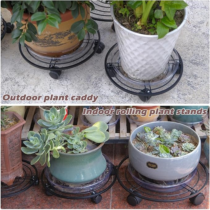 12" Metal Plant Caddy with Wheels 5 Packs Large Rolling Plant Stands Indoor Wheeled Plant Dolly Heavy-duty Pot Mover Roller Base Outdoor Plant Trolley Cart with Brake Water-proof Dust-proof, Black