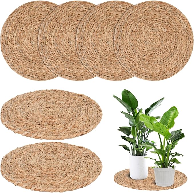 6 Pack 14 Inch Large Woven Plant Coasters for Floor, Natural Seagrass Plant Mats for Indoor House Plants, Thick Round Flower Pot Pads for Carpet & Hardwood Protection, Boho Farmhouse Decor