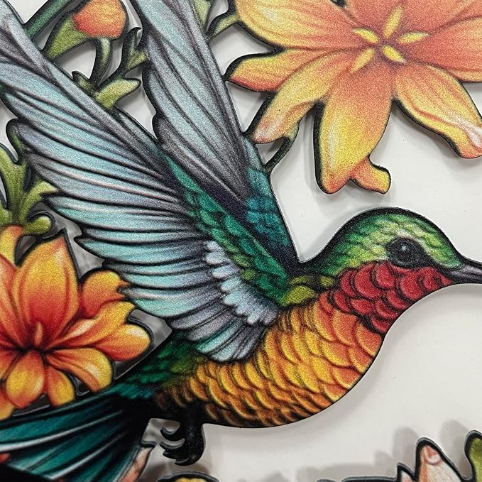 Personalized Hummingbird and Flowers Garden Sign - Customized Custom Colorful Flowers Bird Metal Garden Stake Outdoor Plaque - Lawn Yard Art Decor Sign With Stakes