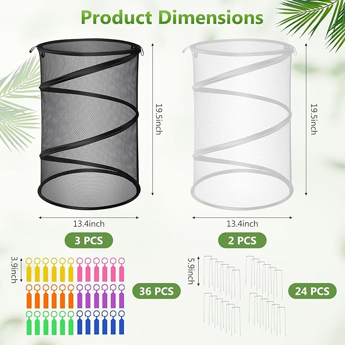 5 Pack Pop Up Plant Covers from Animals (3 Black 2 White) 13''D x 20''H Mesh Plant Covers with 24 Stakes 36 Color Labels, Plant Protector from Insects for Vegetables, Flowers, Seedlings