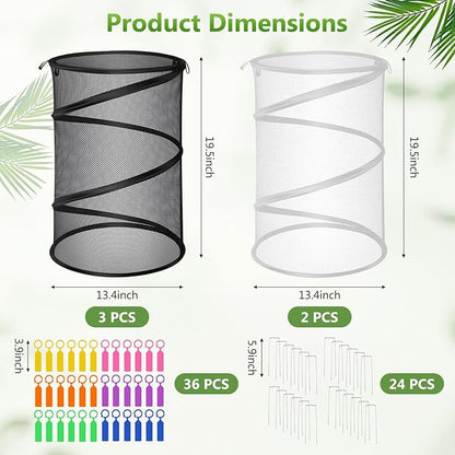 5 Pack Pop Up Plant Covers from Animals (3 Black 2 White) 13''D x 20''H Mesh Plant Covers with 24 Stakes 36 Color Labels, Plant Protector from Insects for Vegetables, Flowers, Seedlings