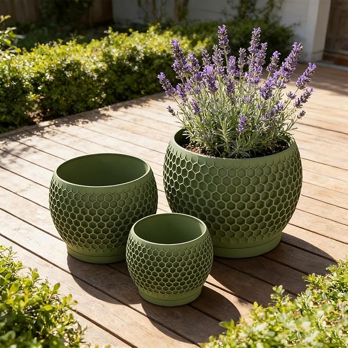 Plant Pots, Modern 3D Printed Honeycomb Planters for Indoor Plants, 4.7/6/8 Inch Military Green Decorative Flower Pot for Office Desktop, Bookshelf & Home Decor, Lightweight & Durable