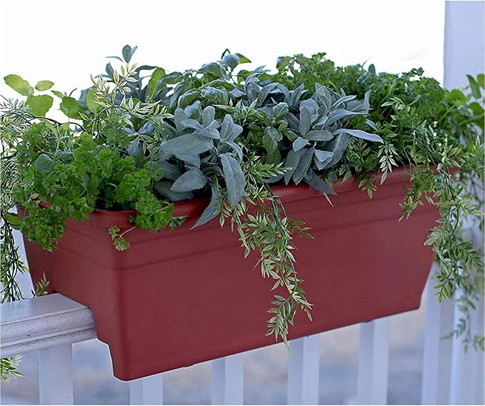 The HC Companies 24 Inch Wide Heavy Duty Plastic Deck Rail Mounted Garden Flower Planter Boxes with Removable Drainage Plugs, 4 Pack, Chocolate