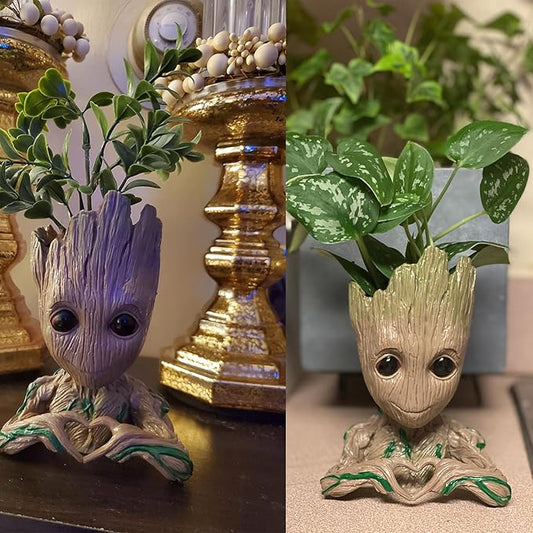 B-Best Baby Groot Pen Pot Tree Man Pens Holder or Flower Pot with Drainage Hole Perfect for a Tiny Succulents Plants 6" (Brown)