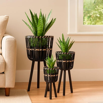 Set of 3 Woven Basket Decorative Planter Pot – Bamboo & Pine Wood Outdoor & Indoor Plant Pot – Modern Boho Garden and Home Decor Planters – 19", 23", & 26", Black