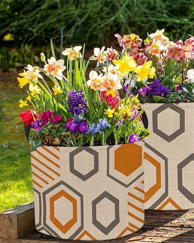 10 Gallon Grow Bags Vintage Geometric Orange and Grey Stripe - Thickened Garden Planting Bag with Handles,Hexagon Art on Retro Burlap Felt Fabric Planter Pots for Vegetables Potato Tomato