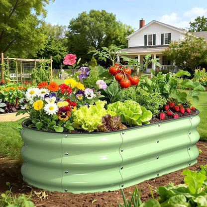 Raised Garden Bed 4×2×1 FT, Galvanized Metal Raised Planter Box, Vegetable Planting Container with Safety Edge Trim, Hardware & Gloves Included, Fruit Green for Backyard Patio Balcony