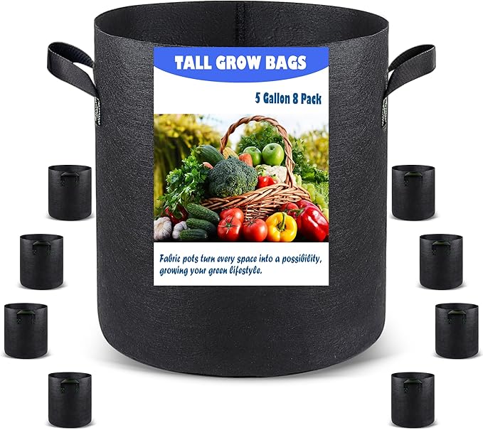 Taller Grow Bags for Deep Root Plants, 5 Gallon 8 Pack Thickened Nonwoven Fabric Pots with Short Handles, Washable Reusable Cloth Plant Bags for Vegetables, Pond Aquatic Plants