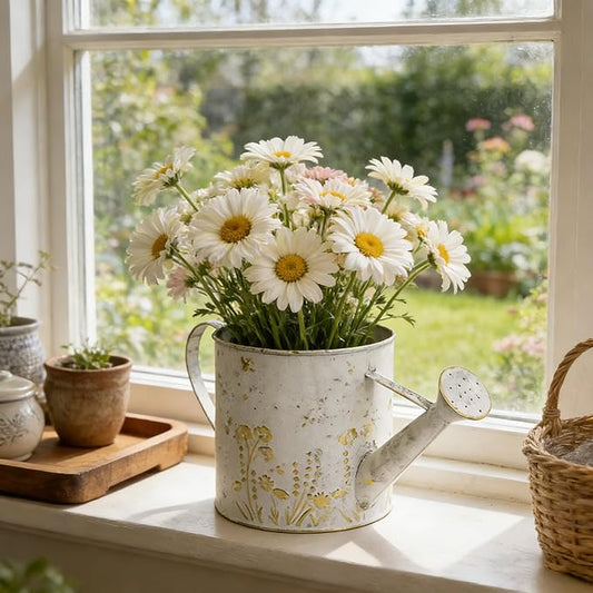Vintage Metal Watering Can Planter with Embossed Floral - Distressed White Decorative Watering Pot for Indoor/Outdoor Flowers, Succulents & Herbs, Rustic Home Decor Accent