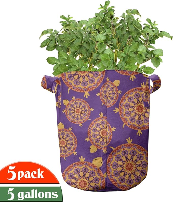 Lunarable Mandala Turtle Grow Bags 5-Pack, Shell Moroccan Style, Heavyduty Fabric Pots with Handles for Plants, Purple Red