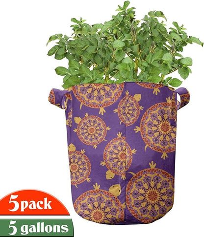 Lunarable Mandala Turtle Grow Bags 5-Pack, Shell Moroccan Style, Heavyduty Fabric Pots with Handles for Plants, Purple Red