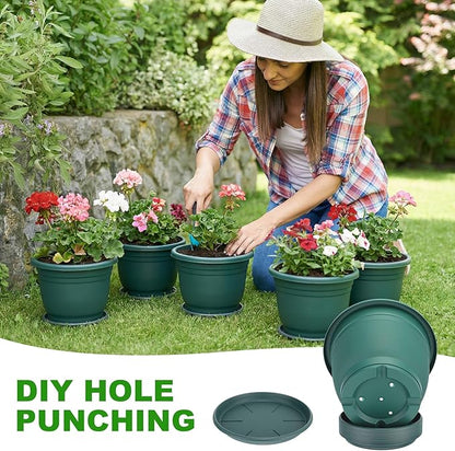 12 Pcs 10'' Plastic Plant Pots Round Planter Pots with Saucer Tray Seedling Pot Hole Seed Resin Plant Pot Starting Nursery Flower Container with Pallet for Garden Outdoor Indoor (Green)