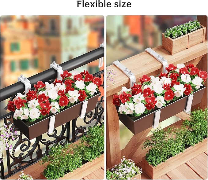 Y&M 6 Pcs Deck Railing Adjustable Planter Box Brackets (6 to 12.5 in), Universal Heavy Duty Iron Flower Box Brackets Wall Mounting Hooks for Fences, Patio, and Garden - White (Patent Registered)
