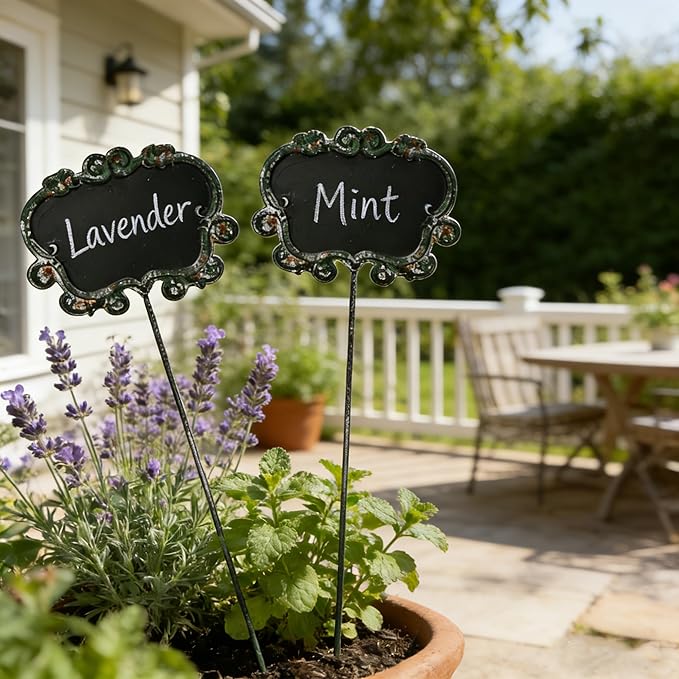 Set of 3 Vintage Green Metal Garden Markers with Chalkboard - Rustic Plant Labels for Indoor/Outdoor Flower Beds, Vegetable Gardens